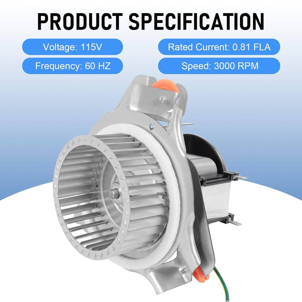 Furnace draft inducer blower motor assembly, side view with orange connector and wires