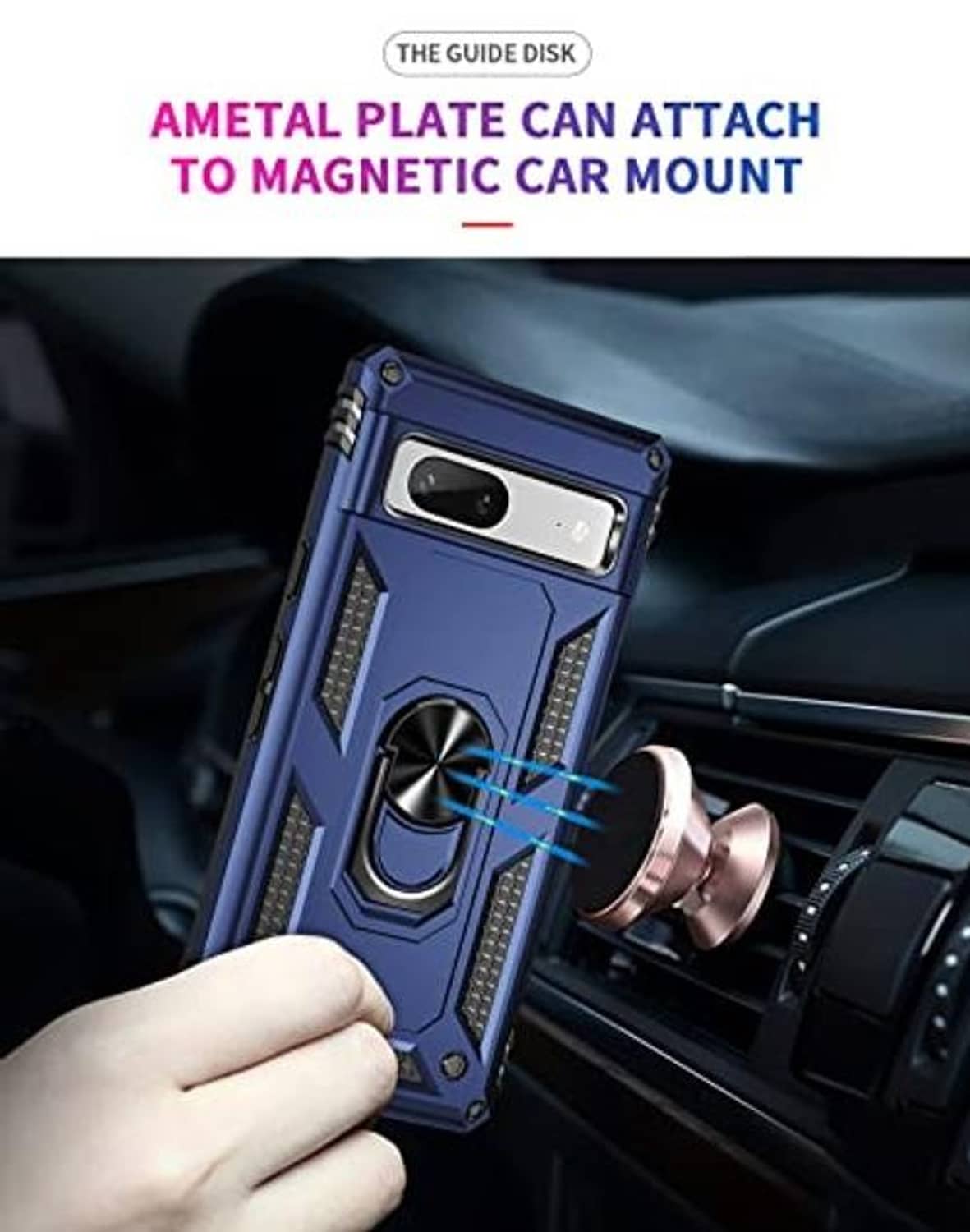 Blue rugged phone case with metal ring and magnetic car-mount attach plate