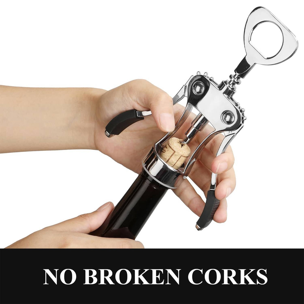 Silver wing corkscrew with black grip handles and metal hinge