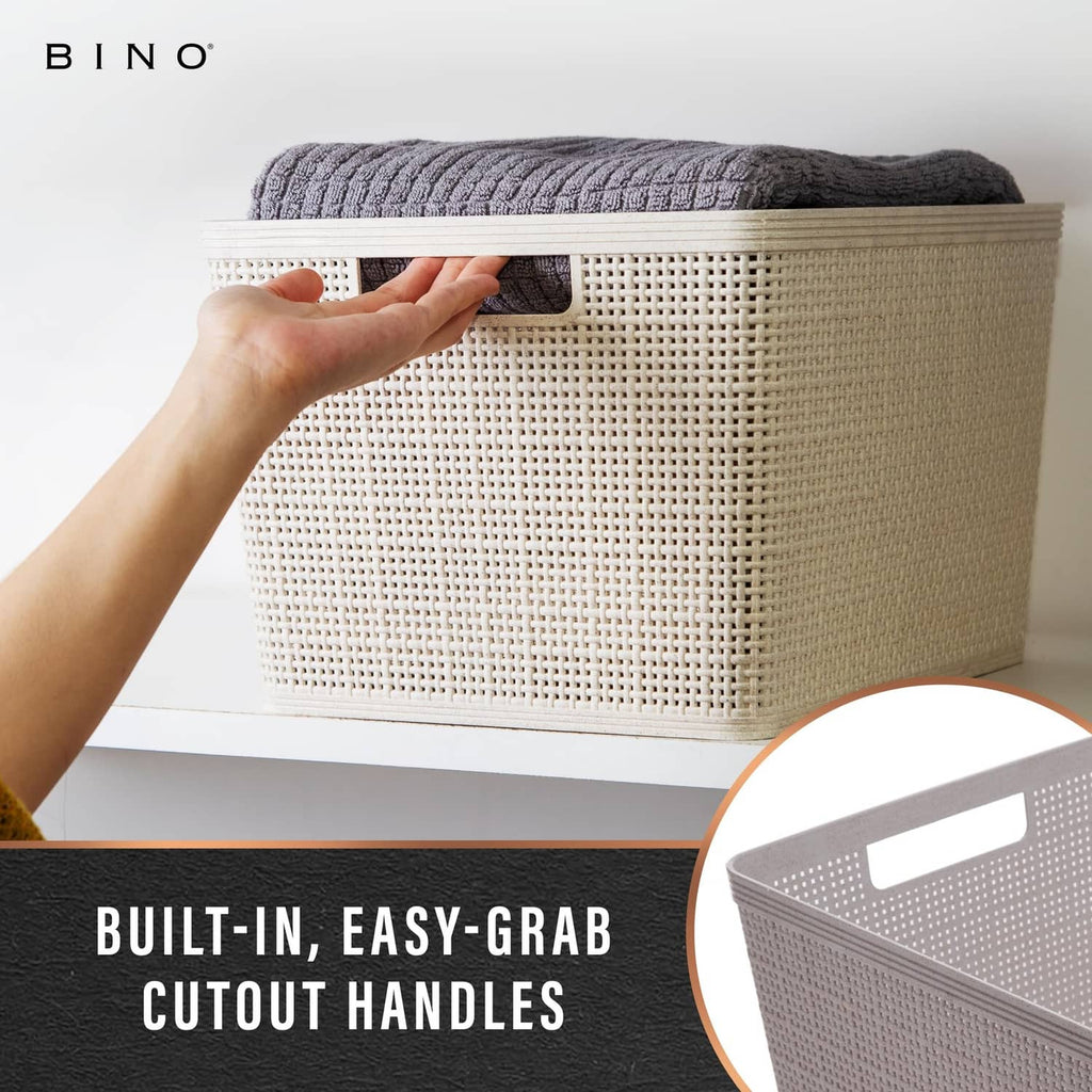 Natural woven plastic storage basket with built-in easy-grab cutout handle on front edge