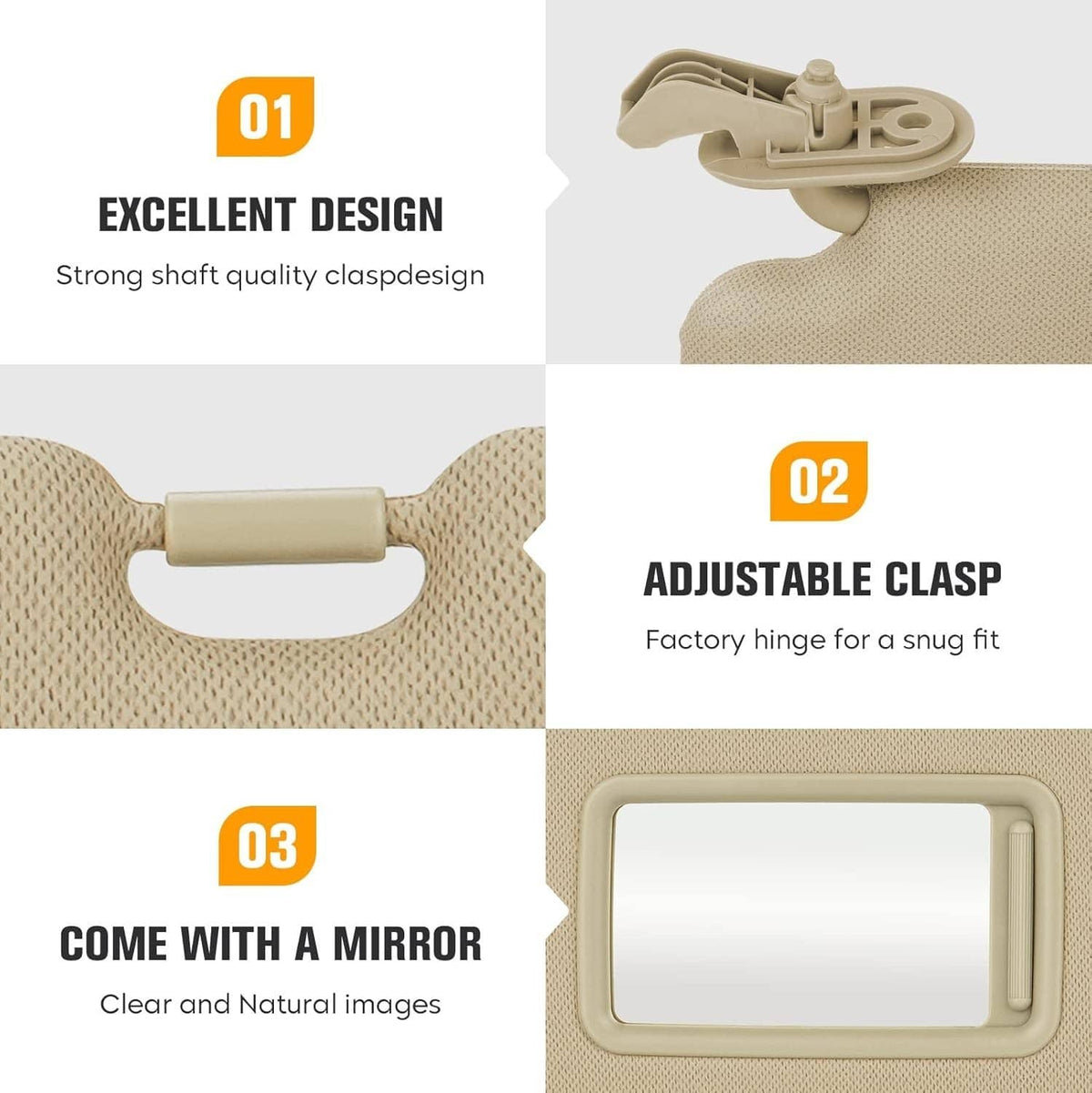 Beige sun visor features: adjustable clasp, fold arm, and built-in mirror panel