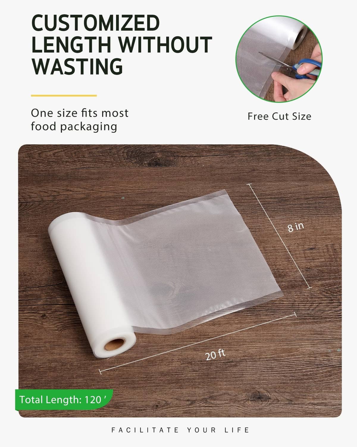 Cut-to-size vacuum sealer bags, clear film piece marked 8 in and 20 ft