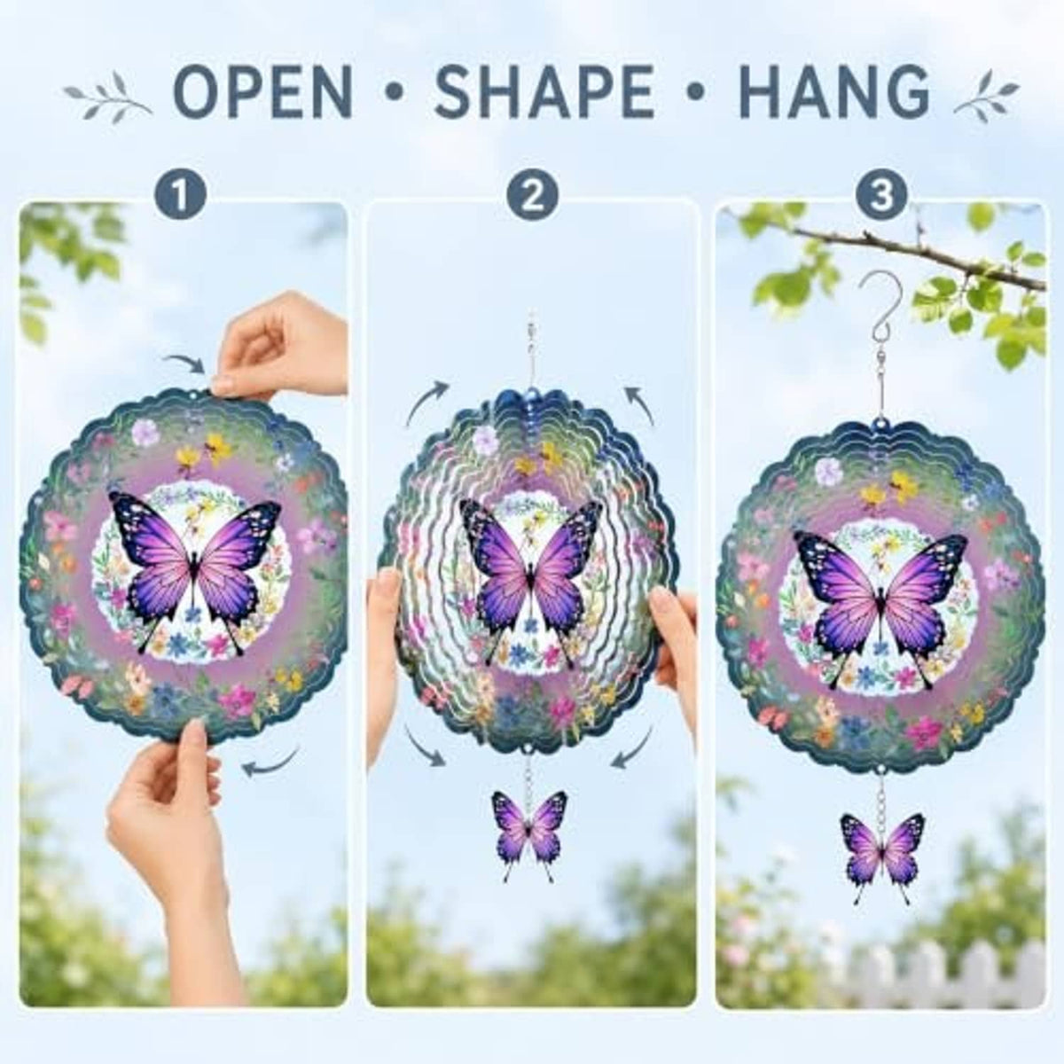Butterfly wind spinner shown during open-shape hanging with purple center and hanging charm
