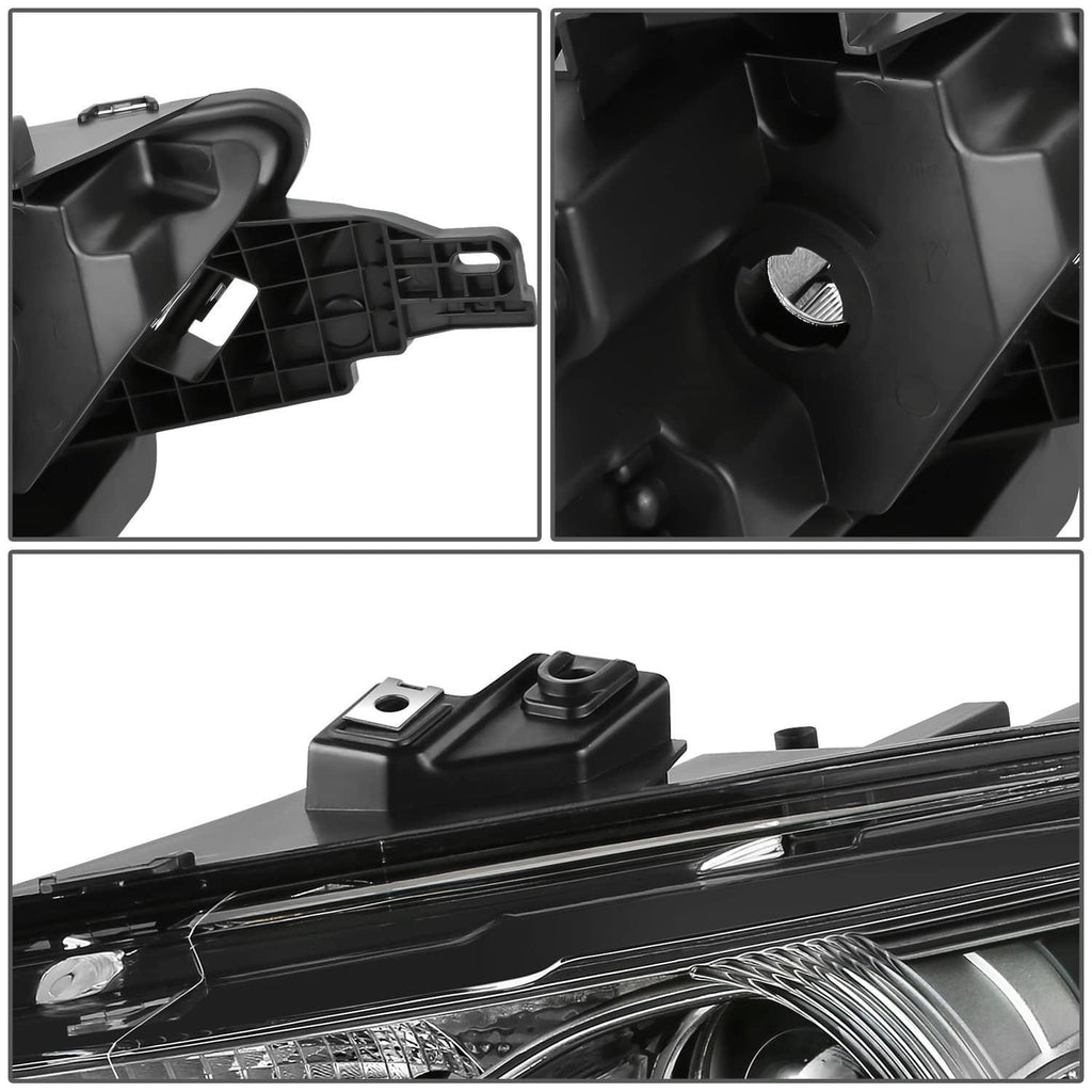 Black headlight housing details with mounting tabs and lens trim edge