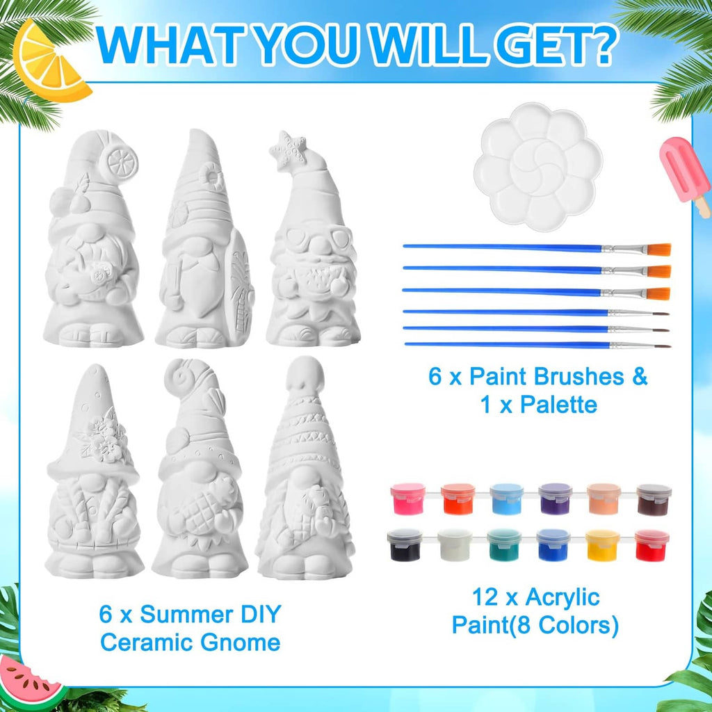 DIY ceramic gnome kit with 6 unpainted figurines, paint brushes, and paint pots