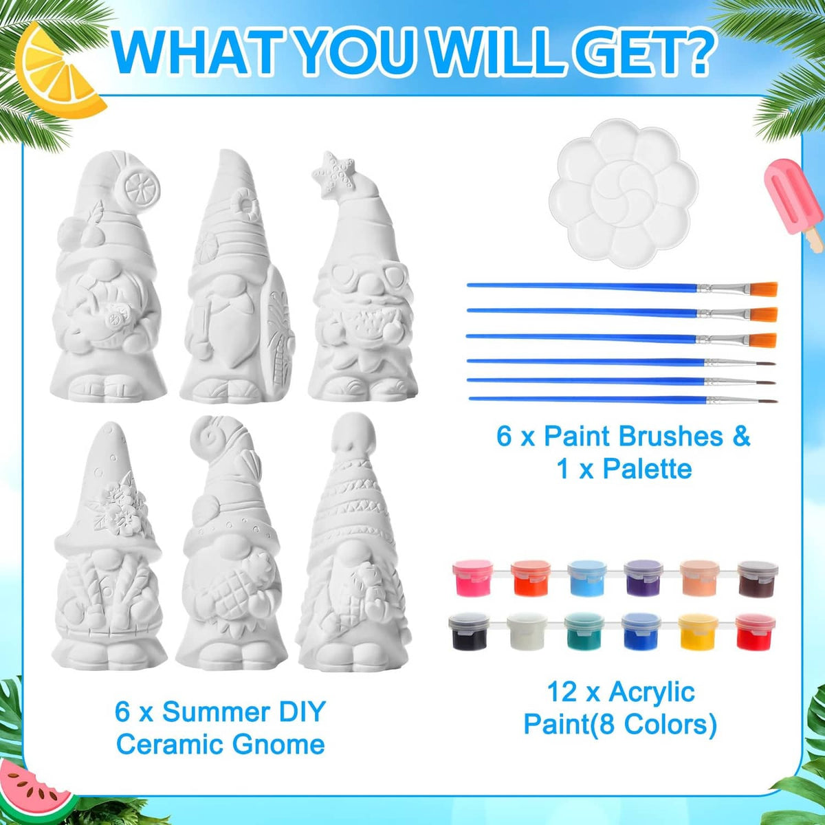 DIY ceramic gnome kit with 6 unpainted figurines, paint brushes, and paint pots