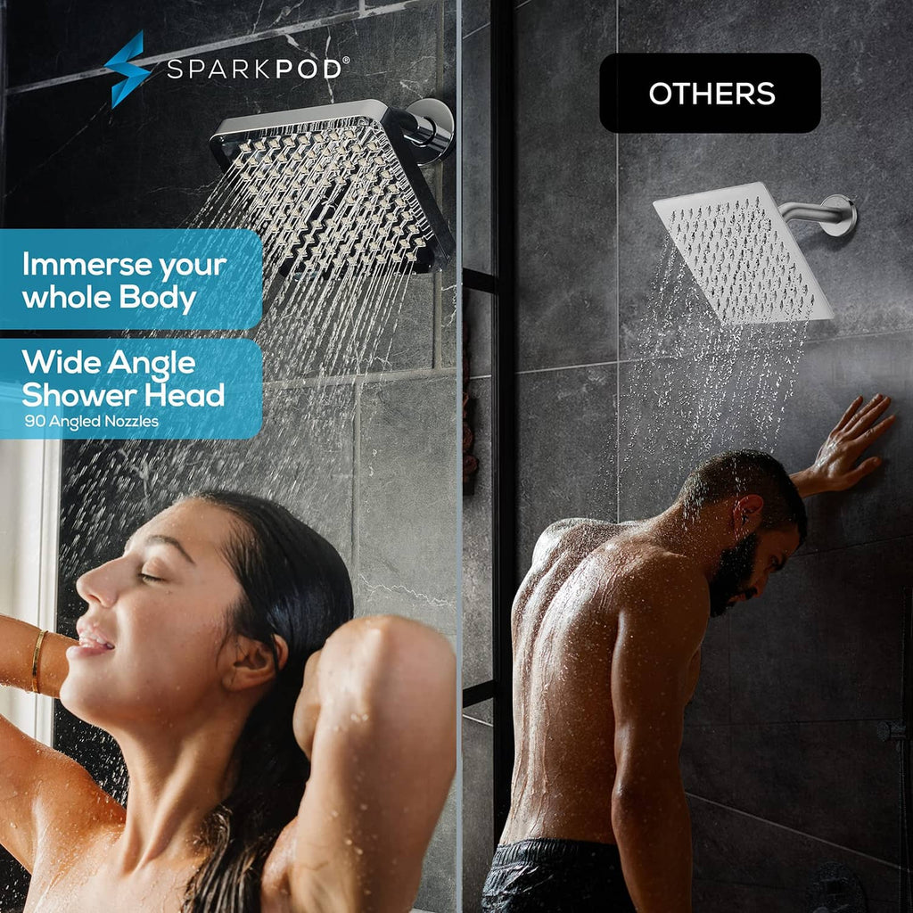 Square wide-angle rain shower head with side spray pattern for full-body coverage