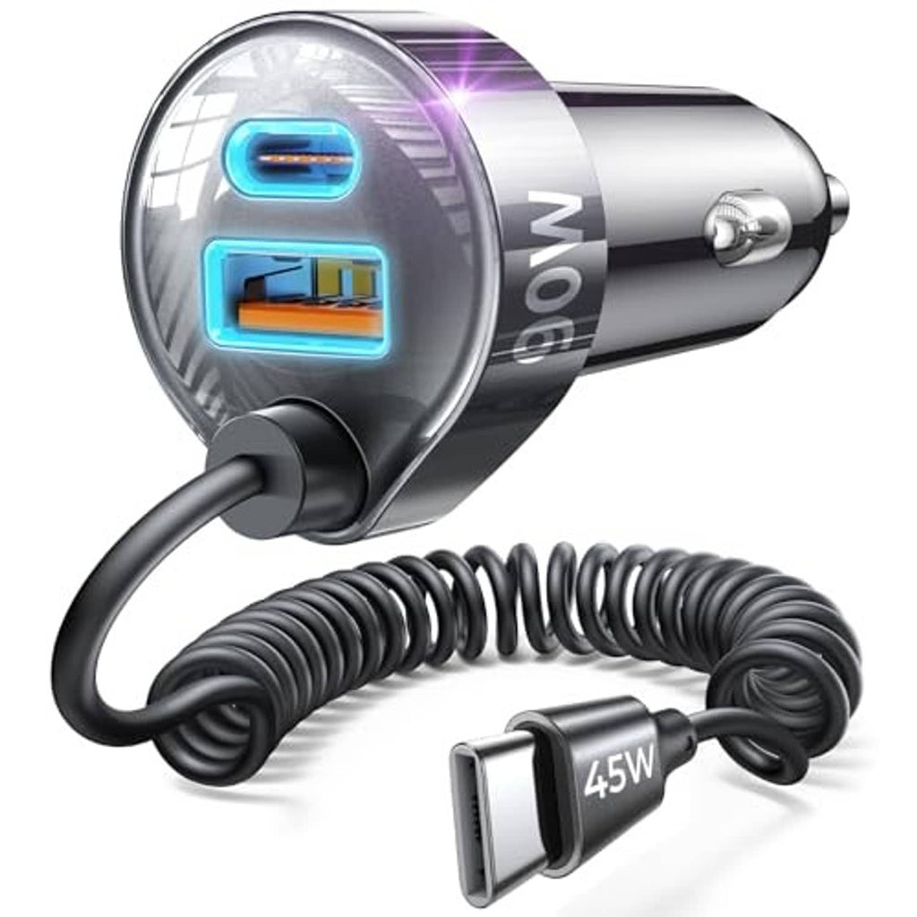 Black USB-C car charger with spring coiled cable and 45W power marking on connector