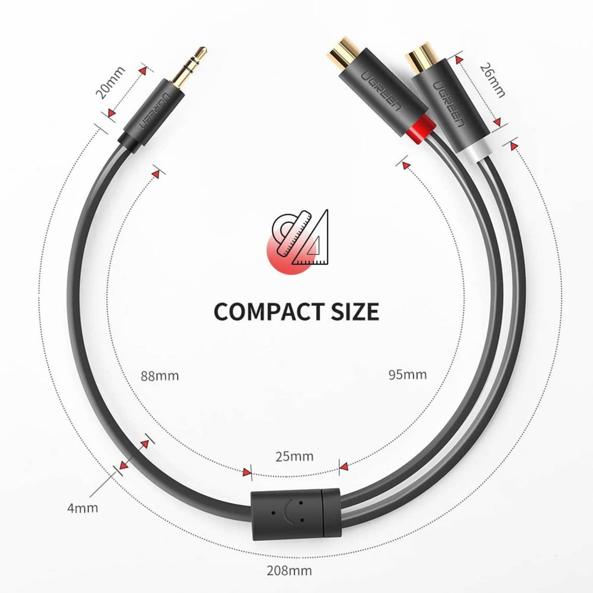 UGREEN 3.5mm to 2 RCA female Y adapter cable, compact black cable with gold ends