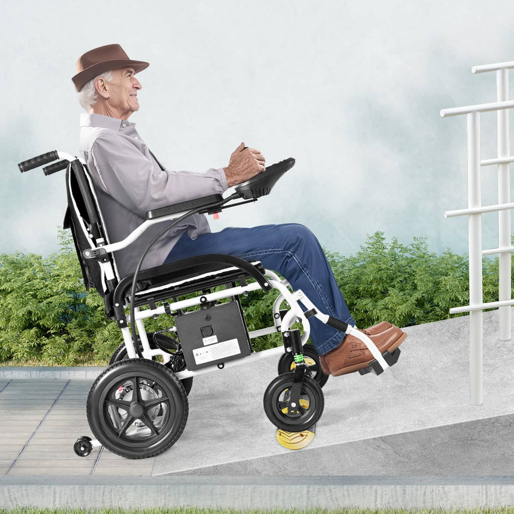 Electric folding mobility wheelchair, side view with armrest controls and footrests