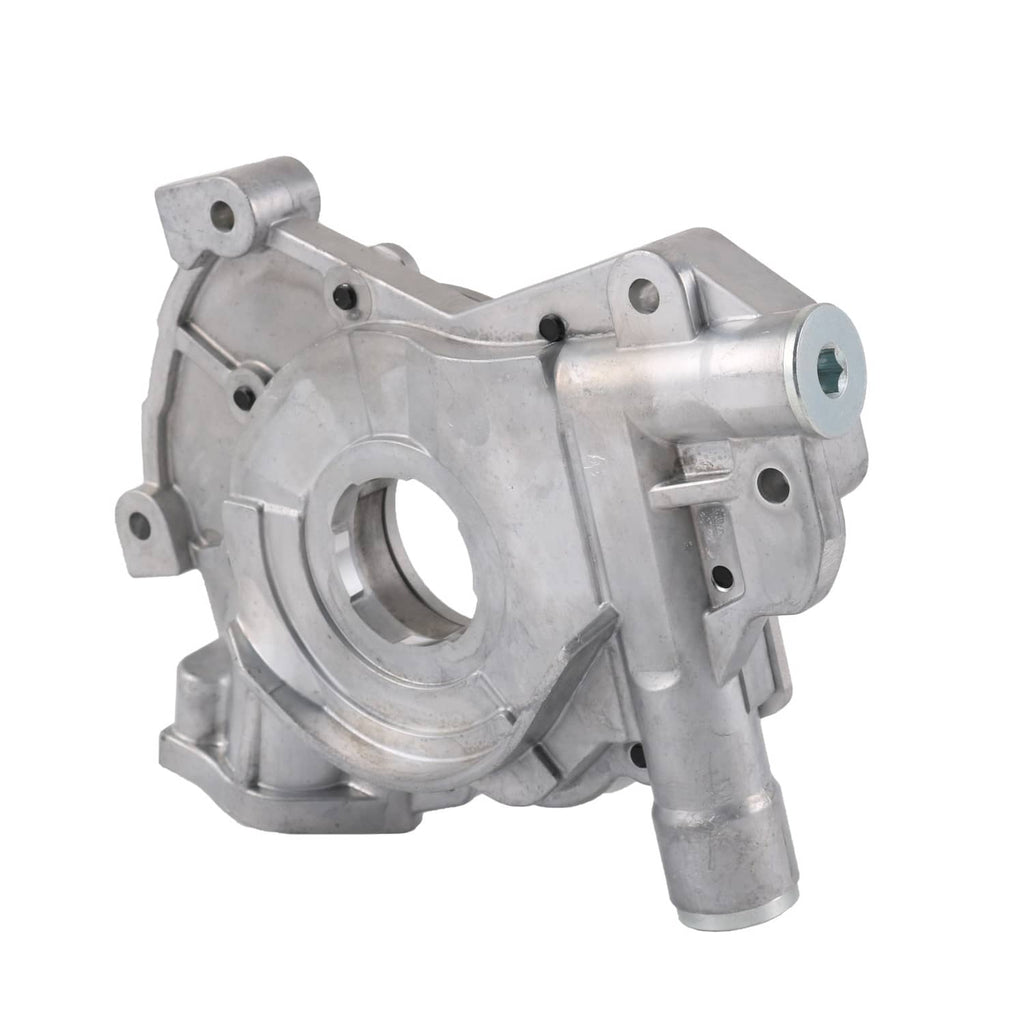 High volume oil pump with inlet and outlet ports, mounting bracket and pipes