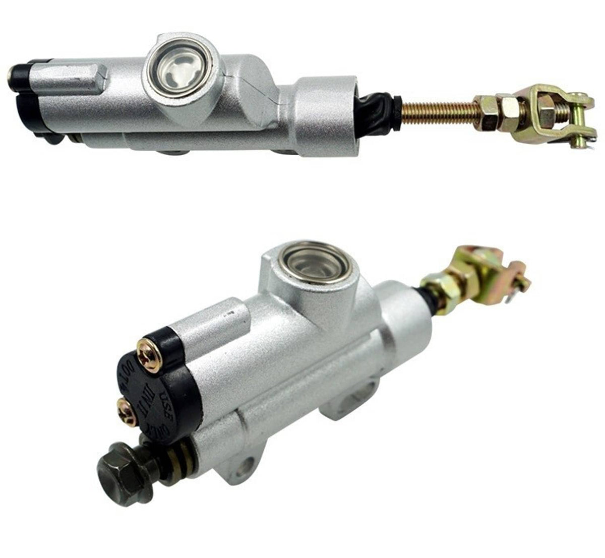 Rear brake master cylinder, silver housing with reservoir cap, push rod, and mounting bolt