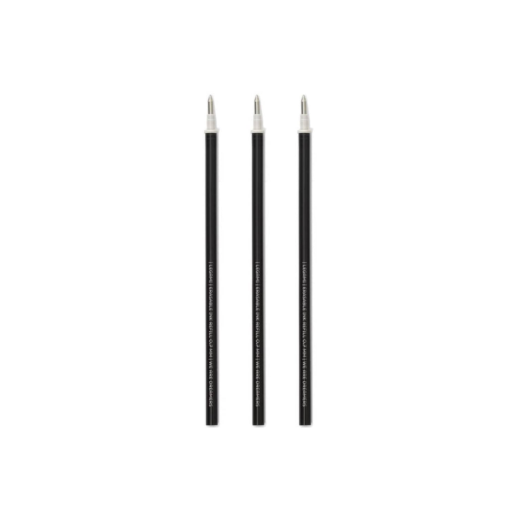 Three black ink gel pen refills with 0.7mm tips