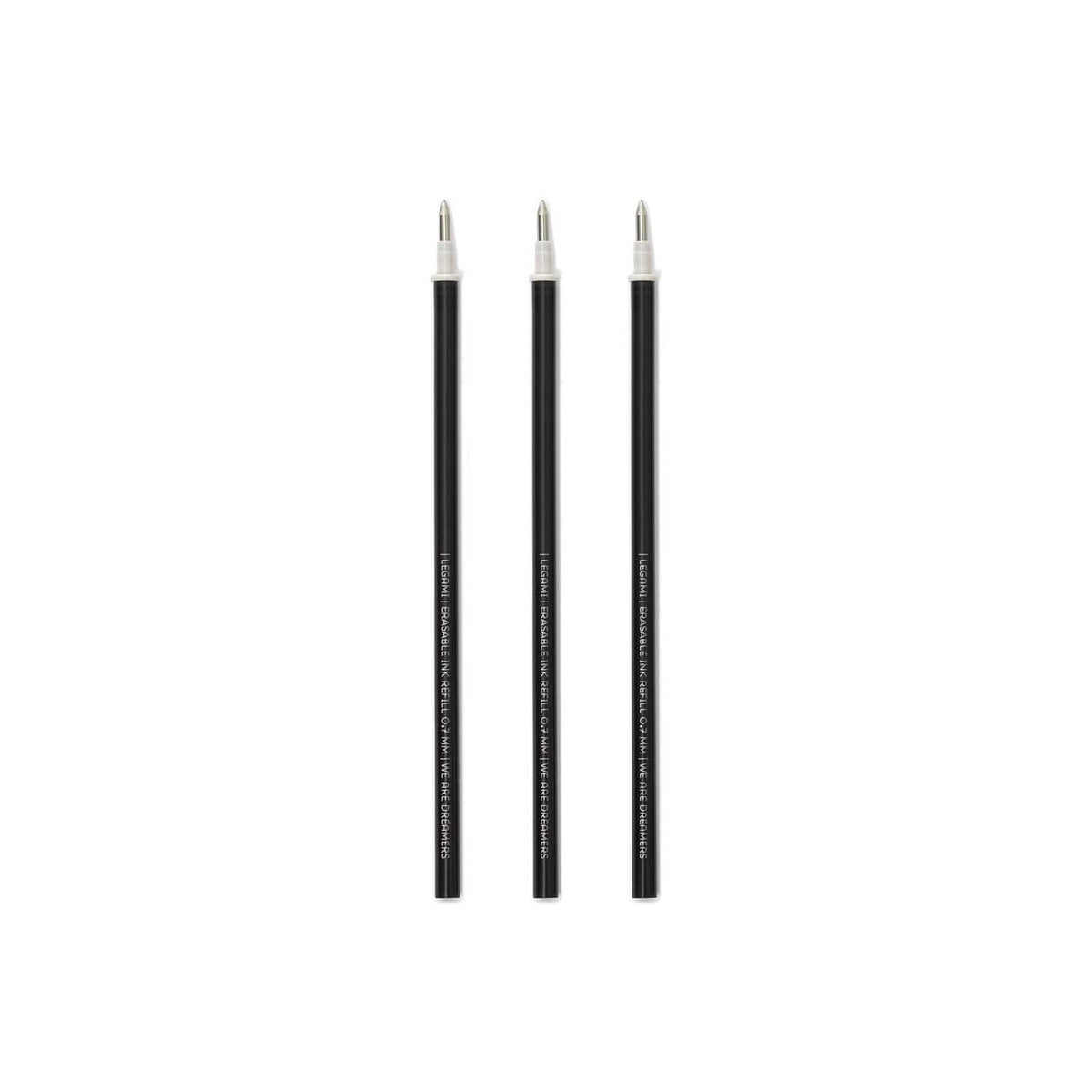 Three black ink gel pen refills with 0.7mm tips