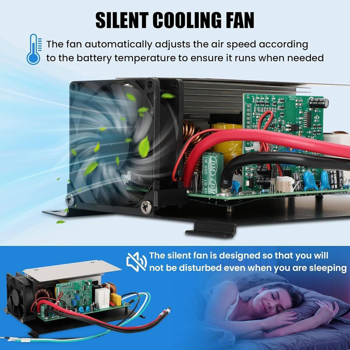 RV power converter with cooling fan and green PCB, showing airflow across the heatsink area.