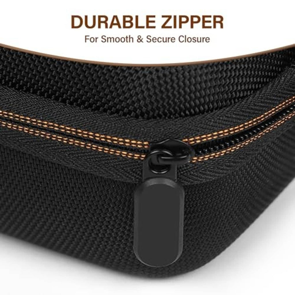 Black zipper pouch with brown trim and round zipper pull, compact hard-shell case