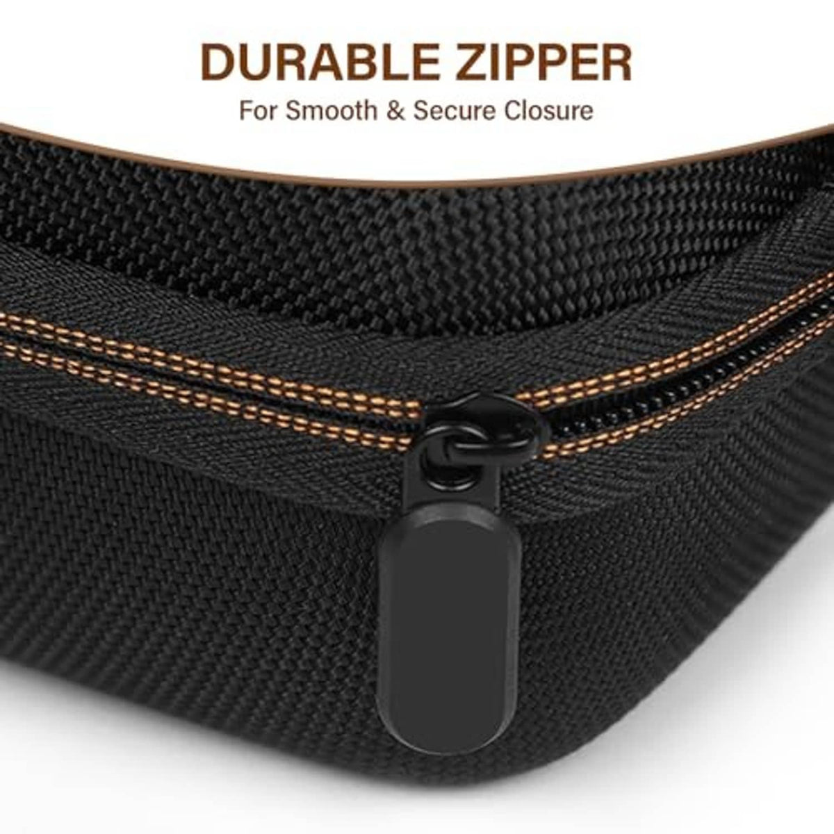 Black zipper pouch with brown trim and round zipper pull, compact hard-shell case
