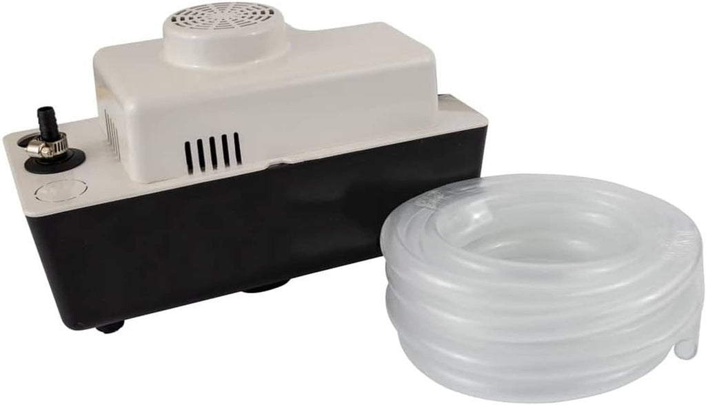 Automatic condensate pump with white top housing and clear coiled discharge hose