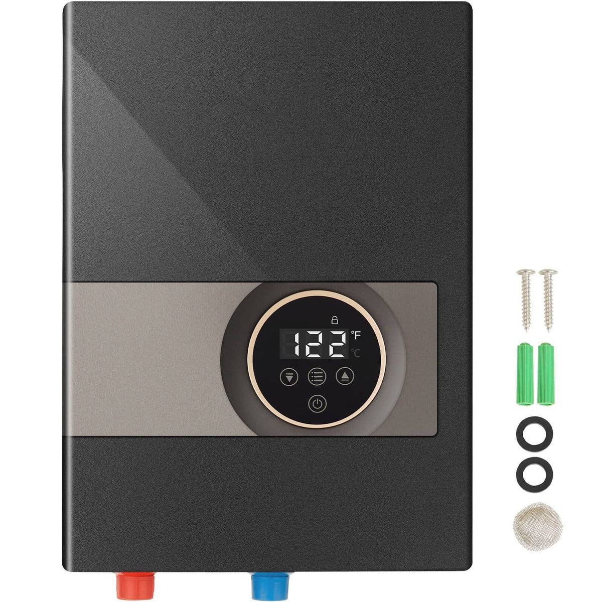 Electric tankless water heater with LED temperature display and red/blue water connections