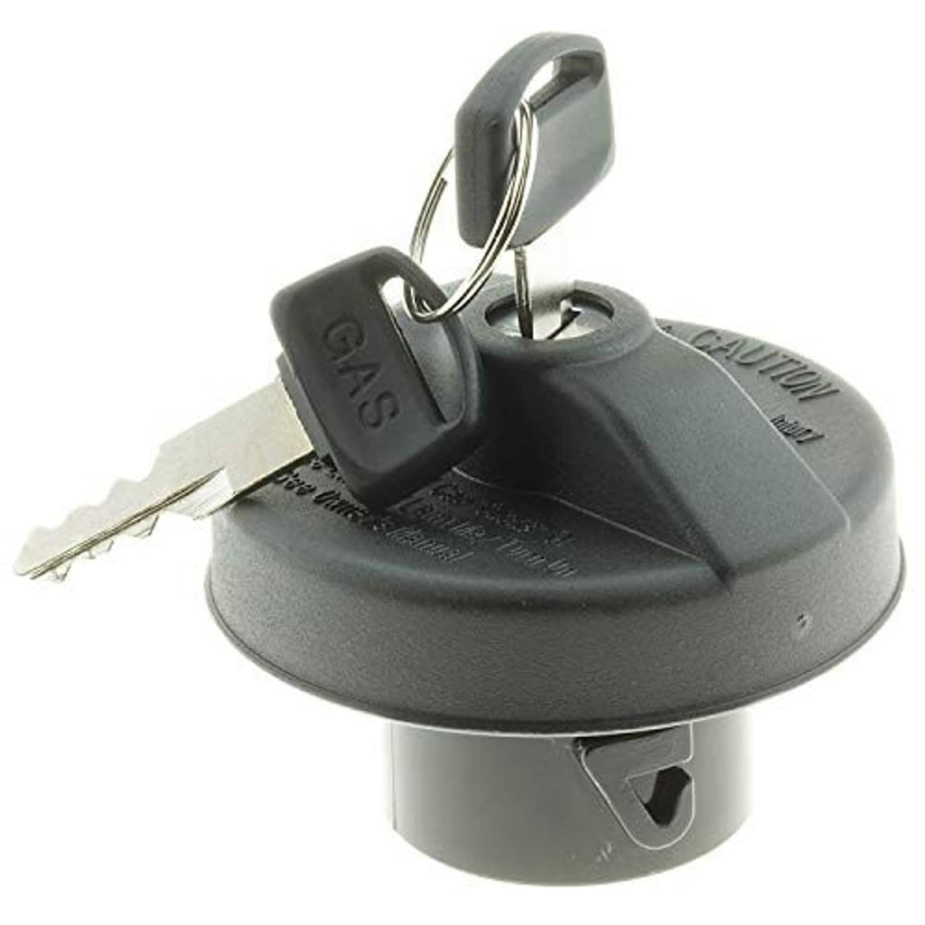 Locking fuel cap with key, dark gray plastic housing and metal keyring loop