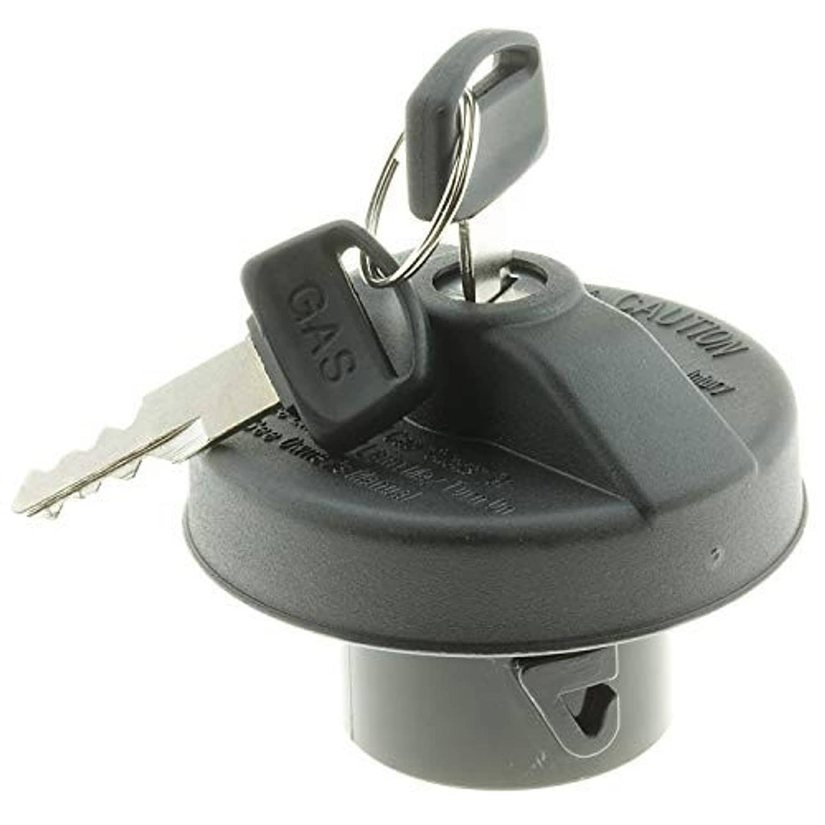 Locking fuel cap with key, dark gray plastic housing and metal keyring loop