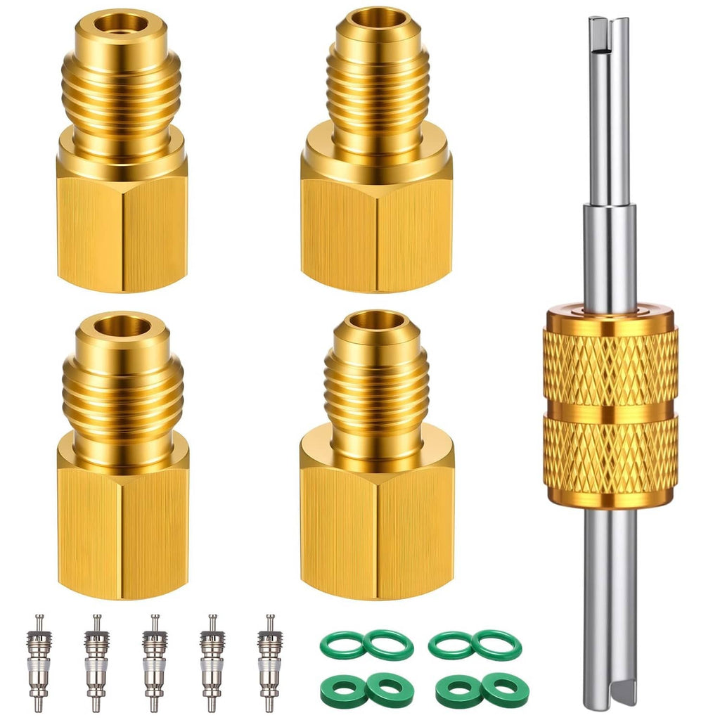 Brass refrigerant tank adapter fittings set with connectors, o-rings, and removal tool