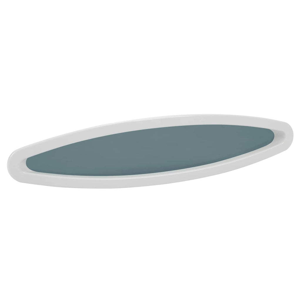 Oval boat window with white outer ring and blue-gray tinted glass, front view
