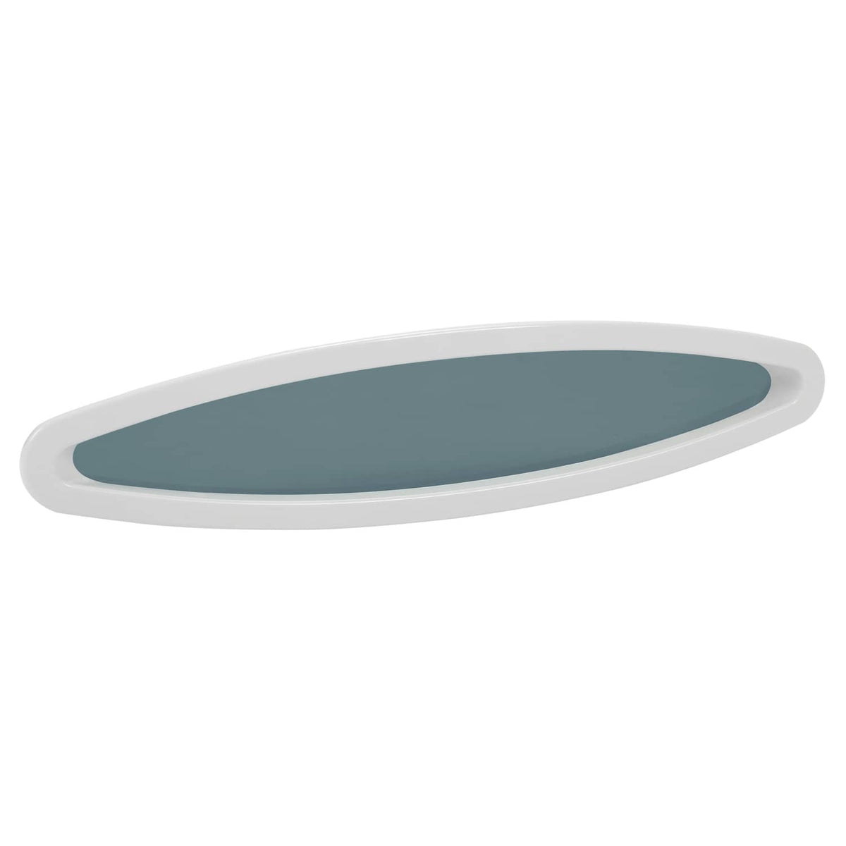 Oval boat window with white outer ring and blue-gray tinted glass, front view
