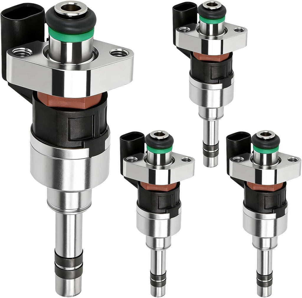 4-piece fuel injector set with chrome housings and green seal tops, side view