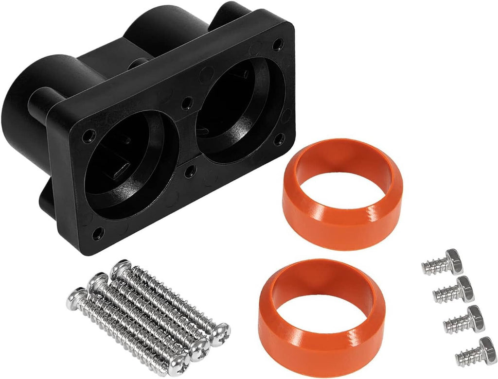 Black heater end cap with two ports, orange gaskets, and course-thread screws