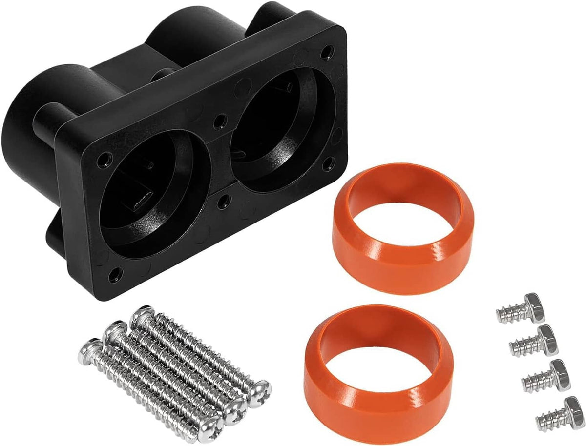 Black heater end cap with two ports, orange gaskets, and course-thread screws