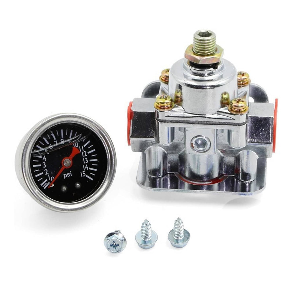 Low fuel pressure regulator with round fuel pressure gauge and included screws, chrome housing