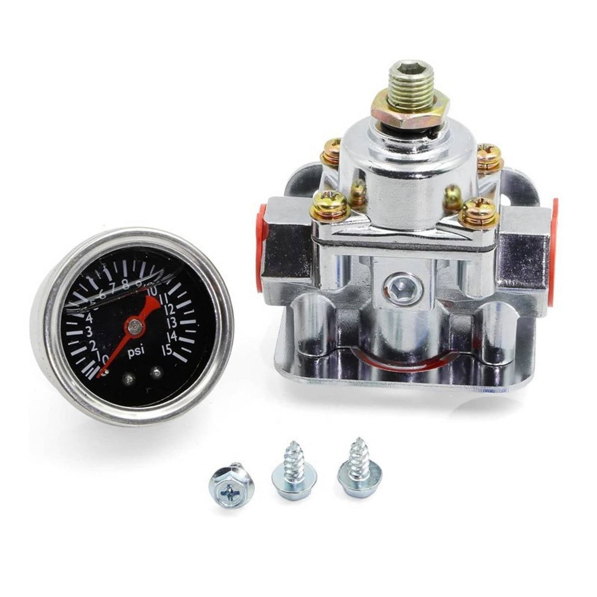 Low fuel pressure regulator with round fuel pressure gauge and included screws, chrome housing
