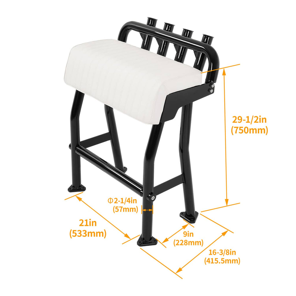 Leaning post boat seat with white cushion and black frame, four rod holders