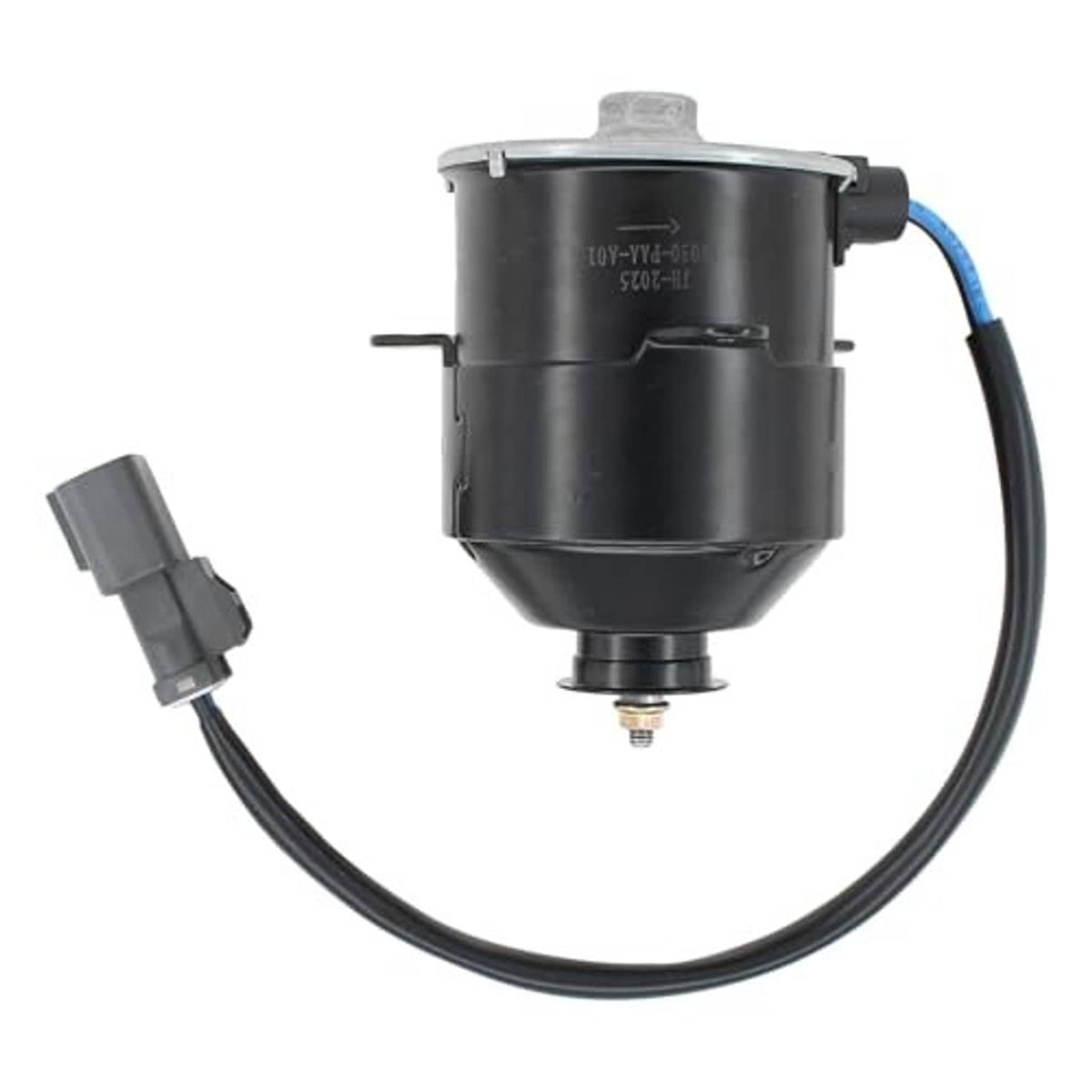 Engine radiator cooling fan motor with black housing and gray connector leads