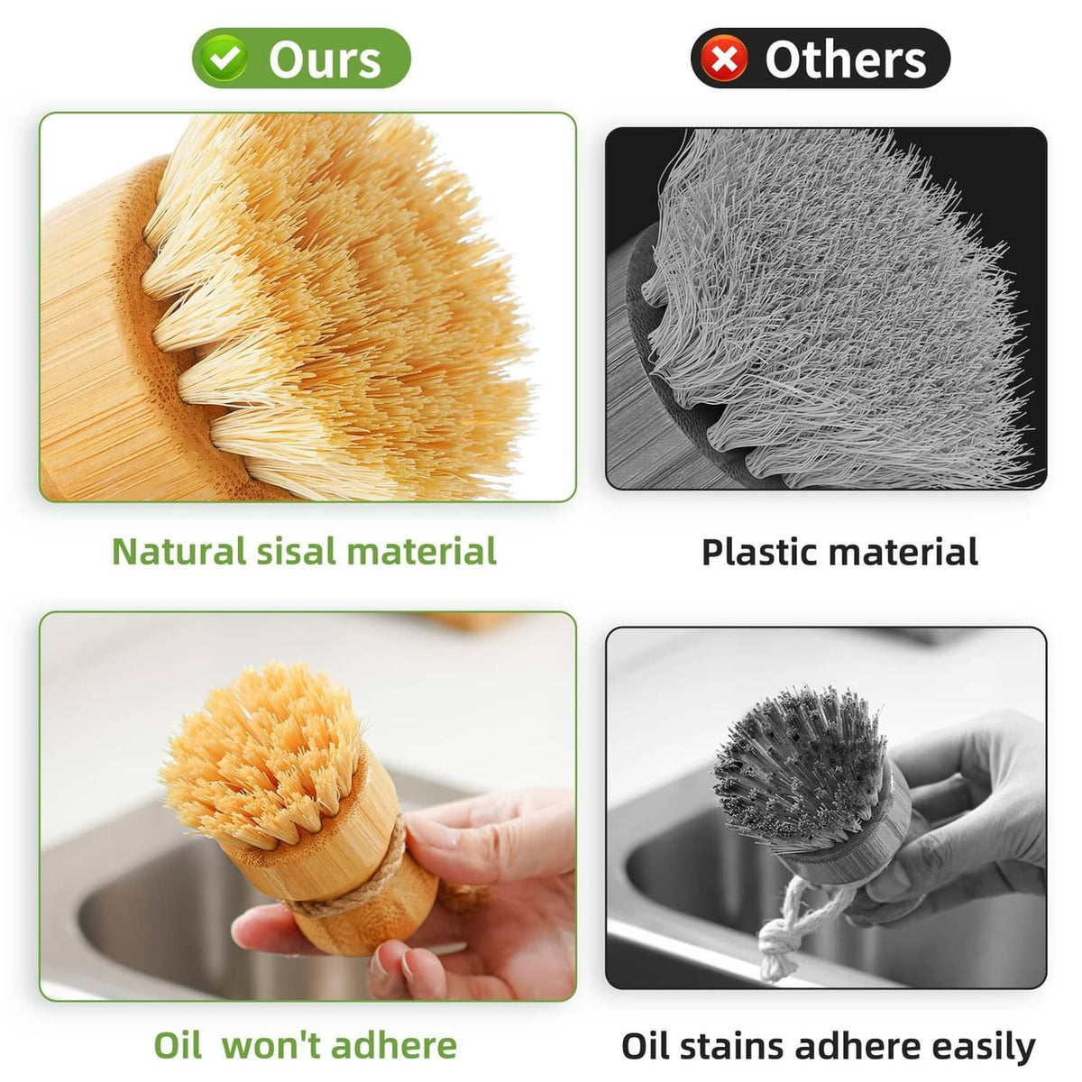 Wood and bristle dish brush head with natural cleaning fibers