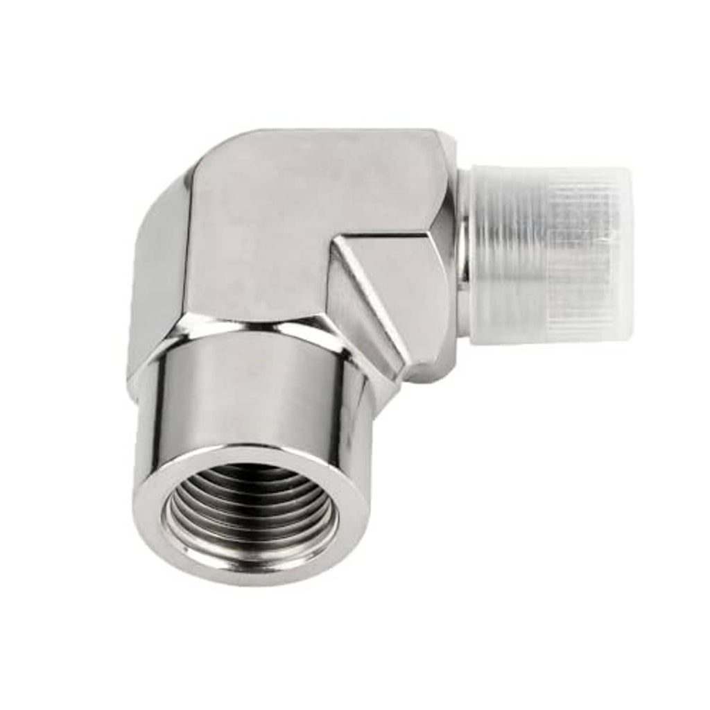 90° stainless steel elbow with internal female threads on one side and capped fitting end