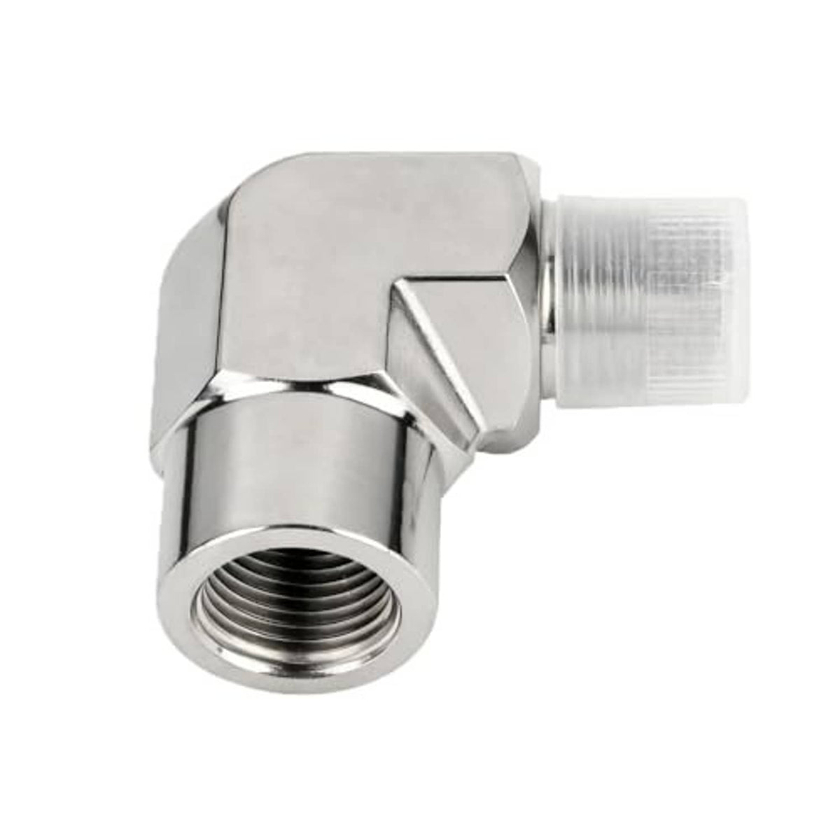 90° stainless steel elbow with internal female threads on one side and capped fitting end