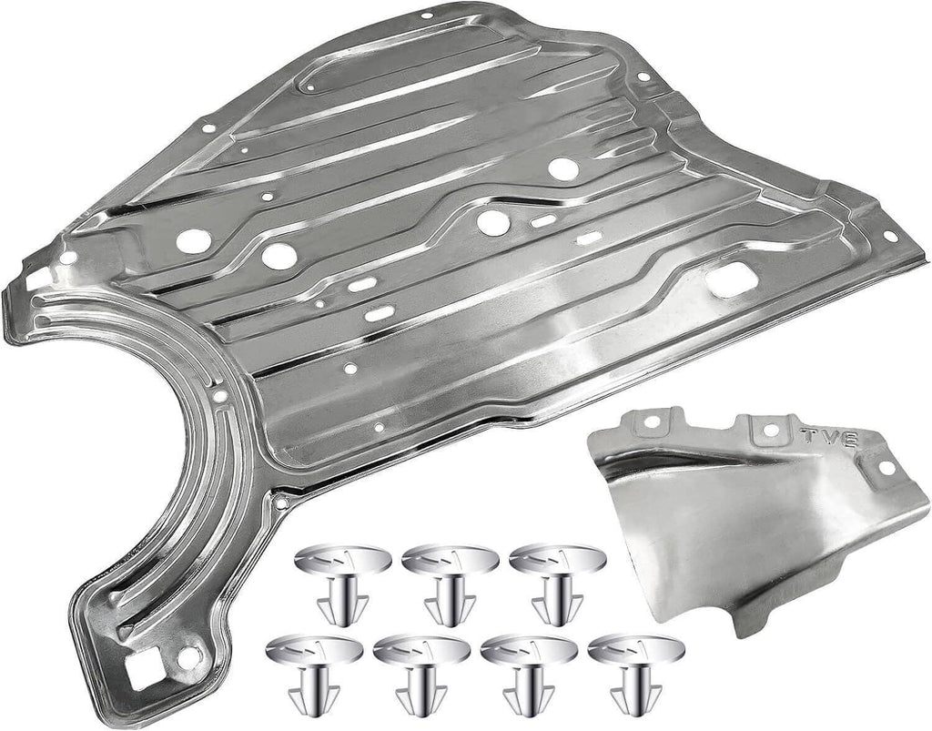 Engine splash guard under shield cover, silver metal plate with bolt holes and flanged edges