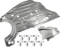 Engine splash guard under shield cover, silver metal plate with bolt holes and flanged edges
