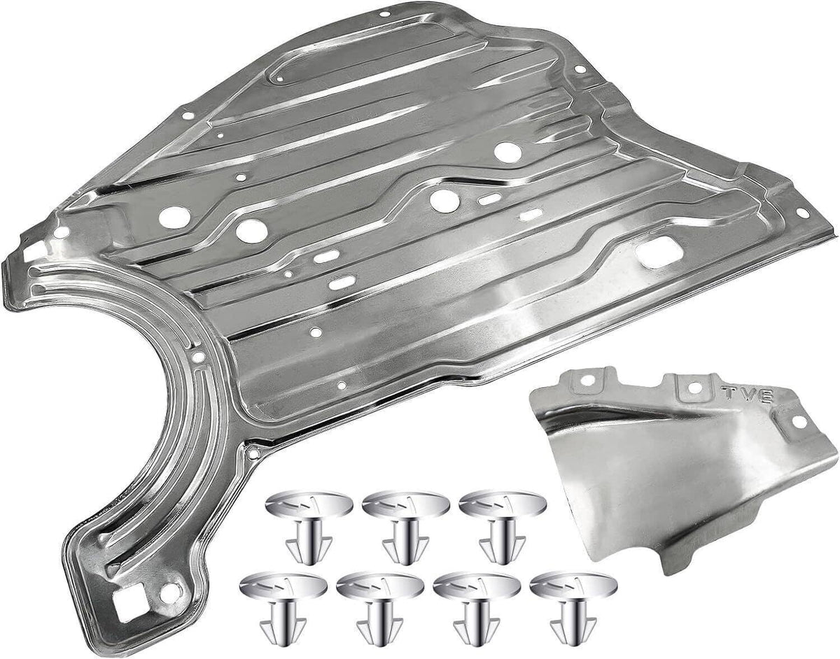 Engine splash guard under shield cover, silver metal plate with bolt holes and flanged edges