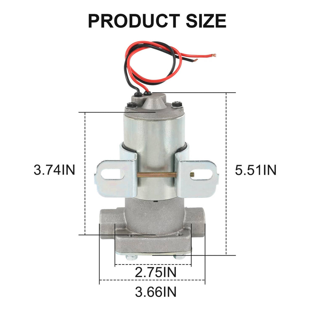 Electric fuel pump with mounting bracket shown with size dimensions diagram