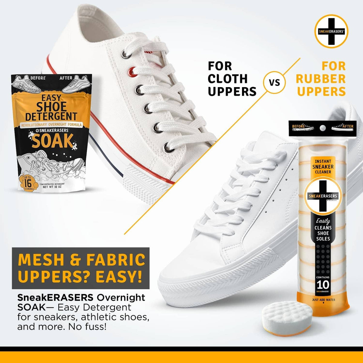 White sneakers with cleaning detergent packets, plus scrubbing sponge for uppers