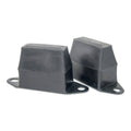 Rear suspension bump stop pair, dark rubber blocks with metal mounting tabs and holes