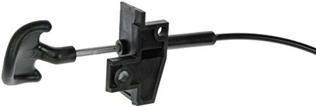 Hood release cable with black bracket and metal-tipped release handle