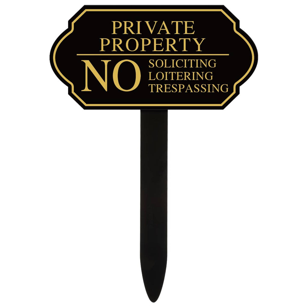 Black private property no trespassing yard sign with pointed stake