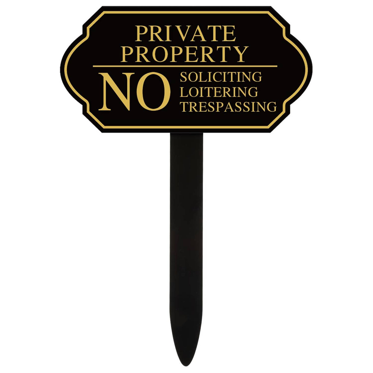 Black private property no trespassing yard sign with pointed stake