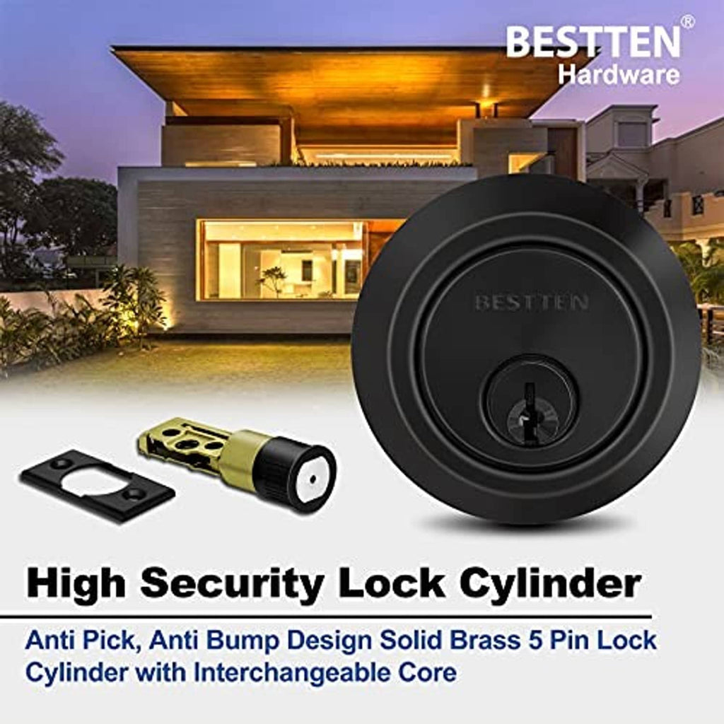 Matte black deadbolt lock cylinder with keyhole plus included mounting hardware pieces