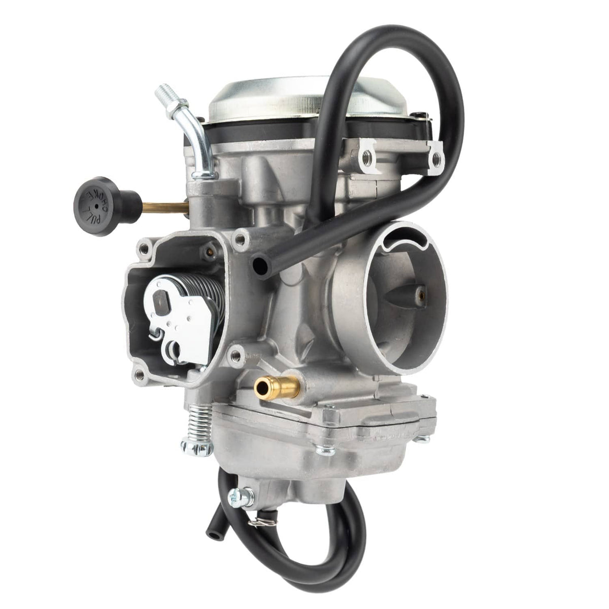 Carburetor assembly with silver metal body, black fuel hose, and small black choke knob