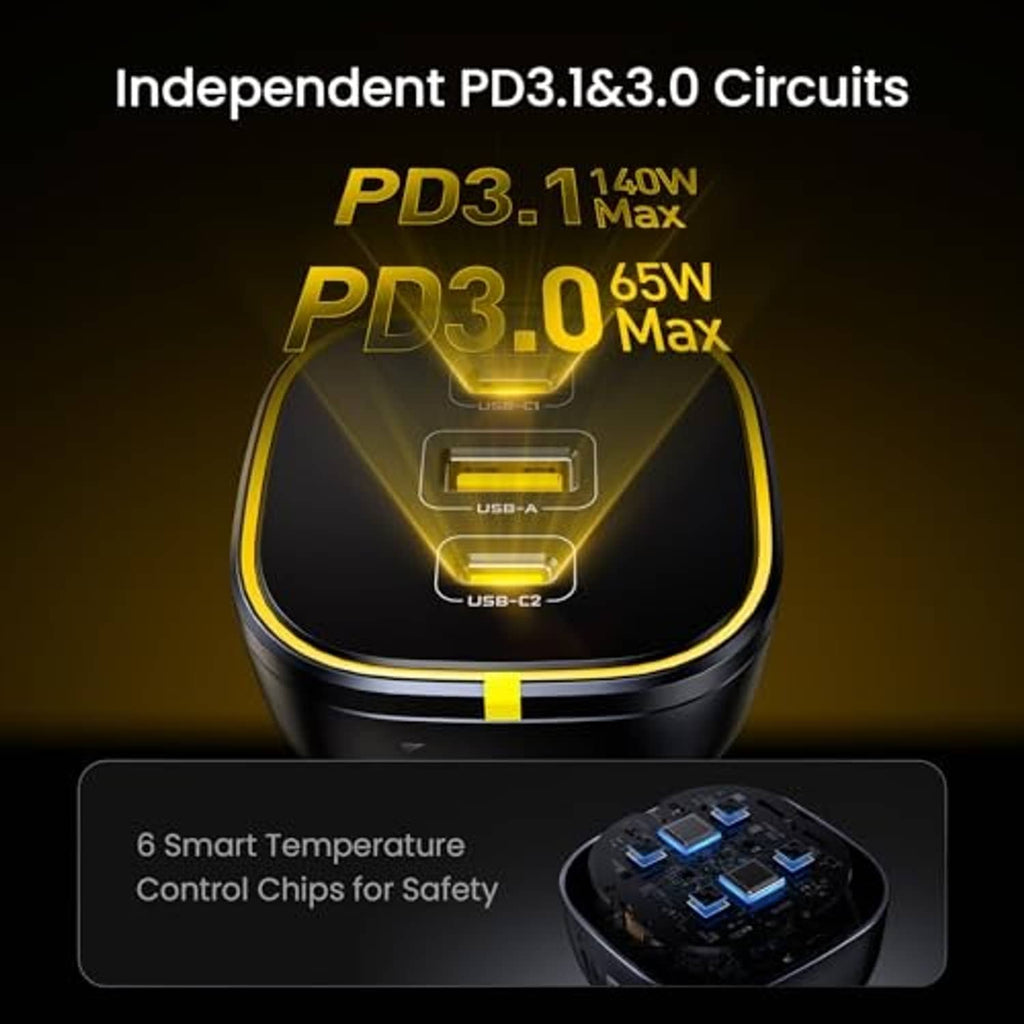 Black car charger adapter top view showing USB-A and two USB-C ports with yellow edge.